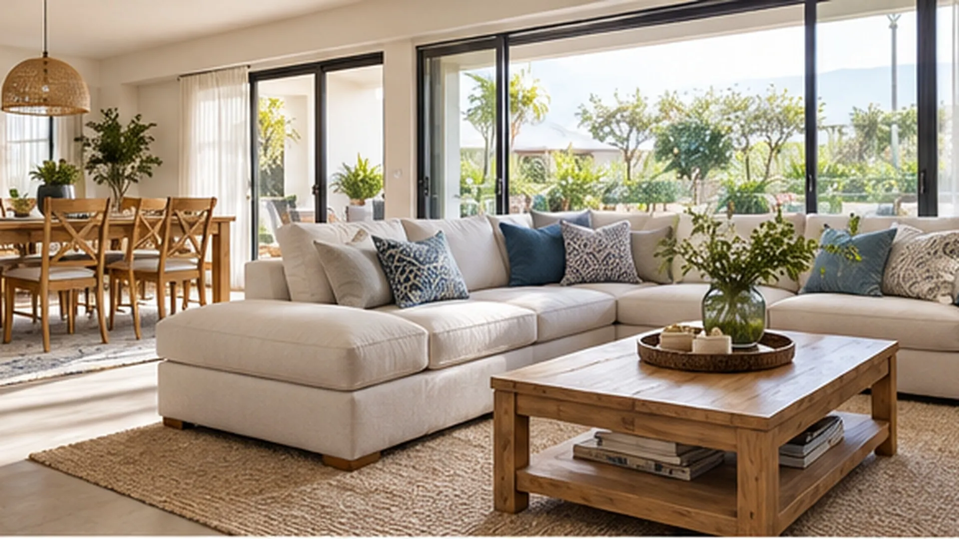 Living luminoso con sillón y mesa de madera